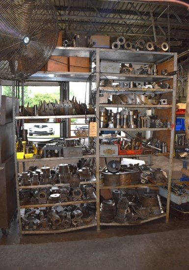 (2) 3' WIDE METAL SHELVING UNITS WITH LARGE ASSORTMENT OF MACHINE PARTS & TOOLING; INCLUDES MOUNTED