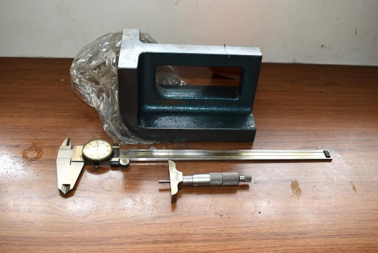 4" x 5" x 8" RIGHT ANGLE BLOCK, 12" MITUTOYO CALIPER AND FOWLER DEPTH GAUGE