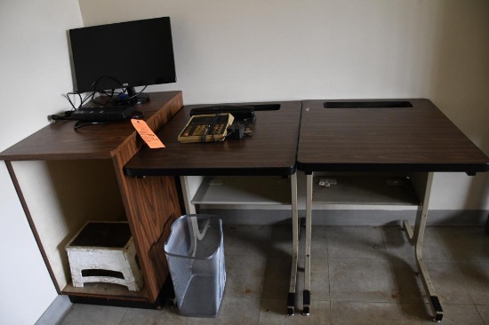 WOODGRAIN CABINET, (2) METAL FRAMED PRINTER STANDS, MONITOR, HOLE PUNCH, SURGE STRIP, CALCULATOR,