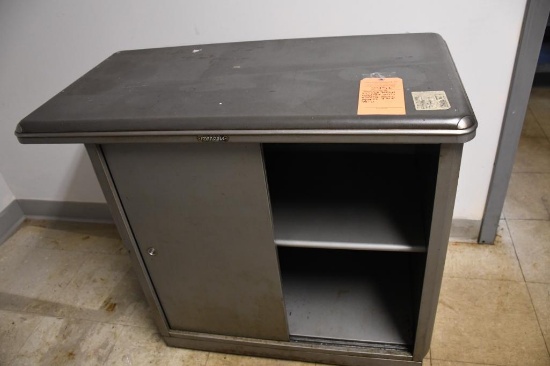 INVINCIBLE VINTAGE METAL CABINET WITH SLIDING DOORS, APPROX. 3'W x 18"D