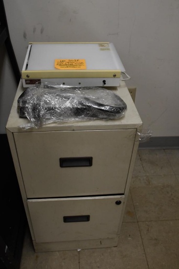 SMALL LIGHTBOX, SURGE STRIP AND TWO DRAWER FILE CABINET