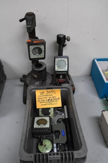 MICROMETERS AND ASSORTED GAUGES IN BIN AND GAUGE STANDS