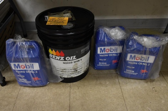 FIVE GALLON BUCKET OF BENZ OIL AND (3) ONE GALLON CONTAINERS OF MOBIL VACTRA OIL