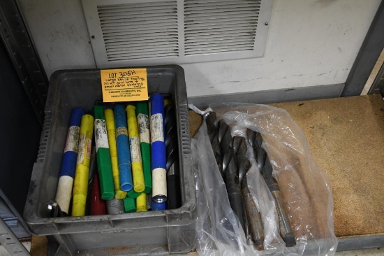 LARGE BIN OF TOOLING, (4) MT DRILL BITS AND SMALL METAL SHELVING UNIT