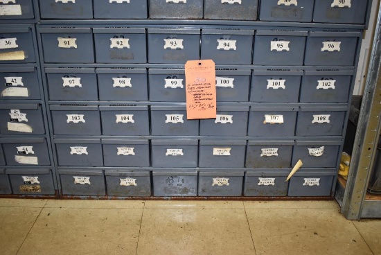 30 DRAWER METAL PARTS ORGANIZER WITH CONTENTS - MOSTLY GO NO/GO GAUGES AND MISC., 34"W x 12"D x 2...