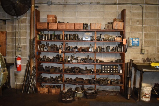 ALL CONTENTS ON WOODEN SHELVES; PADS, PUSHERS, COLLETS AND MISC. PARTS