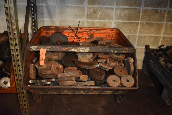 37" x 22" METAL BIN WITH LARGE ASSORTMENT OF GEARS
