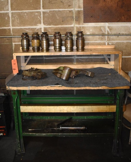 SMALL METAL SHOP BENCH WITH UPPER STORAGE, GREEN BASE, 23 3/4"D x 48"W x 45 3/4"H, NO CONTENTS