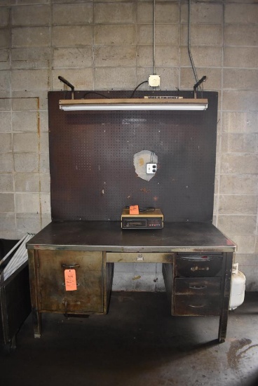 VINTAGE DESK WITH DRAWERS, UPPER LIGHTING, DESK 33"D x 60"W x APPROX. 80" PEGBOARD HEIGHT