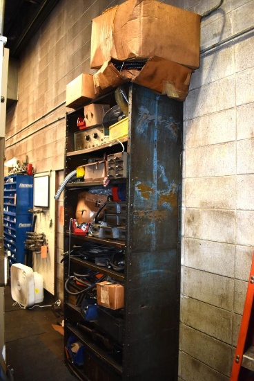 3' WIDE METAL SHELVING UNIT WITH CONTENTS; WIRING, PARTS ORGANIZERS AND MISC. PARTS