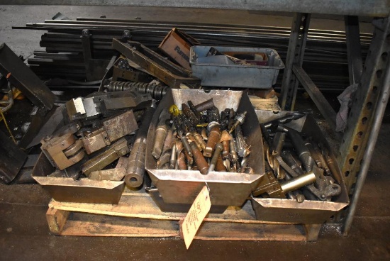 SKID WITH 7 BINS; ASSORTED MACHINE PARTS, TOOLING, HARDWARE, DRILL BITS AND MISC.