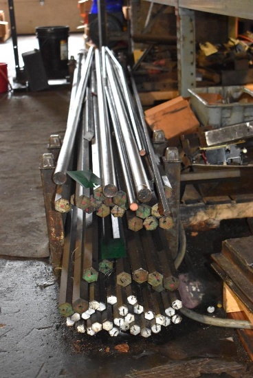 LARGE SELECTION OF MISC. STEEL STOCK WITH STAND - ROUND, AND HEX APPROX. 12' LONG