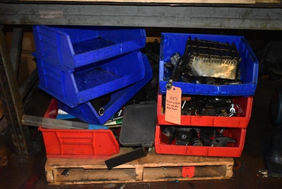 PALLET WITH PLASTIC BINS AND MISC. METAL PARTS