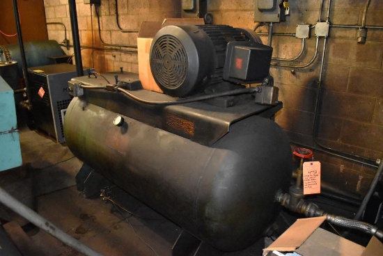 LARGE AIR STORAGE TANK WITH 25 H.P. ELECTRIC MOTOR, FLYWHEEL PULLEY AND BELT GUARD, NO PUMP