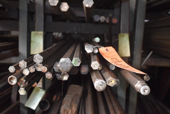 ASSORTED STEEL STOCK ON THIS SHELF; ROUND, HEXAGONAL, VARYING DIAMETERS AND LENGTHS UP TO 12',