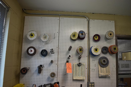 GRINDING WHEELS AND MISC. TOOLING ON PEGBOARD