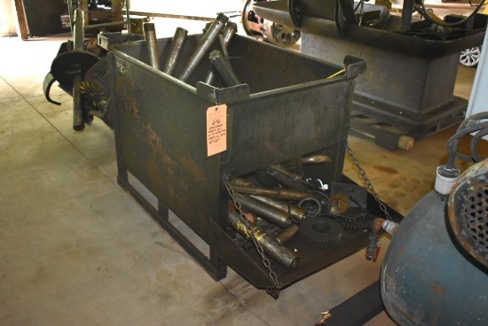STACKABLE METAL BIN WITH ASSORTED MACHINE PARTS - BIN IS 39" x 29"