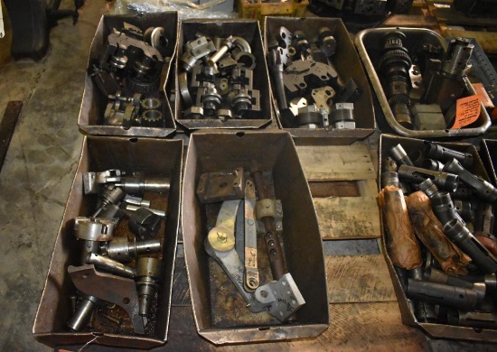 PALLET WITH (5) METAL BINS FULL OF MACHINE PARTS AND TOOLING - THREAD ROLLERS