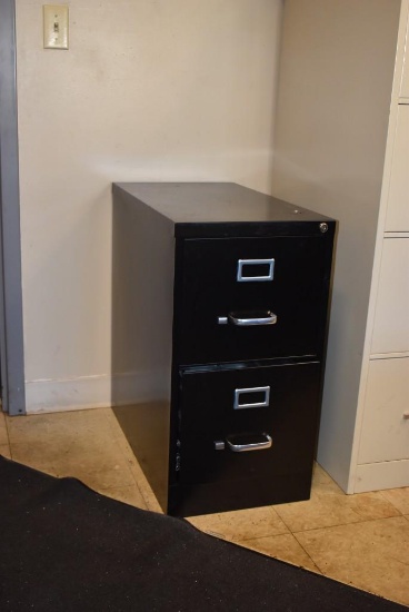 BLACK METAL FILE CABINET, STANDARD TWO-DRAWER WITH BROWN ARM CHAIR