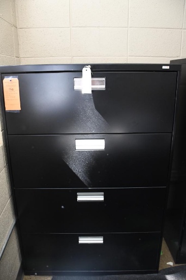 BLACK METAL HORIZONTAL FILE CABINET, LEGAL SIZE, FOUR DRAWER, 19 1/8"D x 36"W x 53 1/4"H