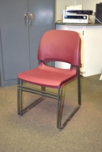 (3) Maroon stacking chairs, plastic seat/back and metal frame
