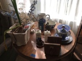 Blue and white dishes and all contents on top of table