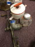 Meat grinder, jar w/ zinc lid, teapot