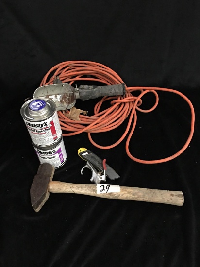 Tools, hammer, extension cord work light and pipe cement and primer