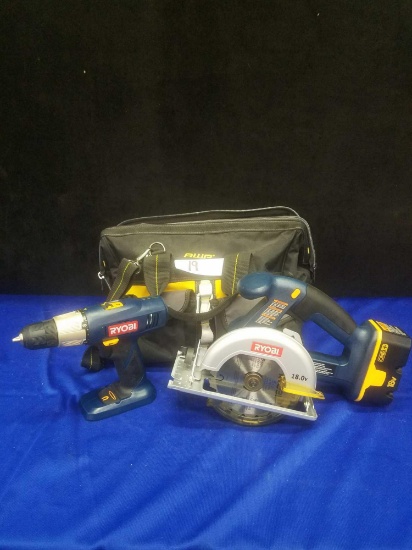 Ryobi P501 5 1/2" 18V Saw with 18v battery, Ryobi P205 Drill, and AMP tool Bag