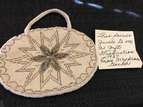 Beaded purse made in Czechoslovakia with handwritten note