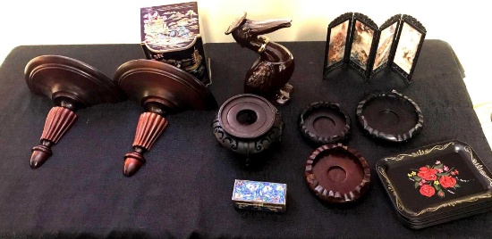 Small Asian room divider, wooden carved ashtrays, metal trays, box made in Japan, pottery dark