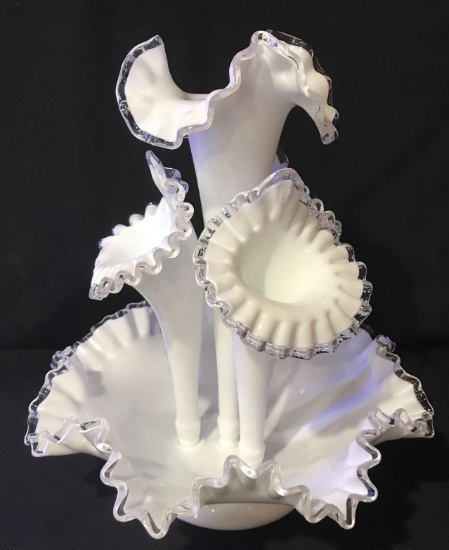 Fenton Hobnail Epergne white glass Flower Bowl 4 flowers. Beautiful!