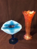 Carnival glass vase and art deco blue vase