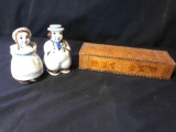 Hand carved box with hinges and unmarked salt and pepper shakers