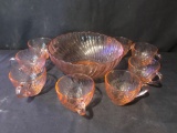 ARCOROC France pink (Rosaline) swirl glass punch set With saucers
