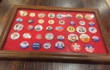 Framed lot of vintage political pins including Bryan/Kern 1908