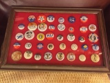 Framed lot of vintage political pins including Bryan/Kern 1908