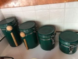 Storage jar set, Mr. coffee coffee maker, Redbox and apple cookie jar