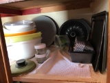 Cupboard contents with Tupperware pans and More