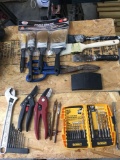Paint Brushes, drill bits, trimmers, crescent Wrench plus