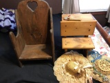 Wooden doll furniture and hats