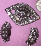Vintage rhinestone eye shaped brooch and clip on earrings