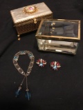 Vintage jewelry boxes, bracelet and clip on airings