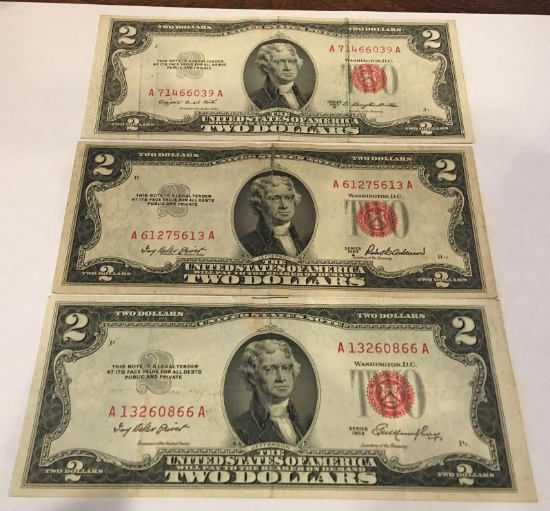 3x-1953, 1953A and 1953B $2 Silver Certificates