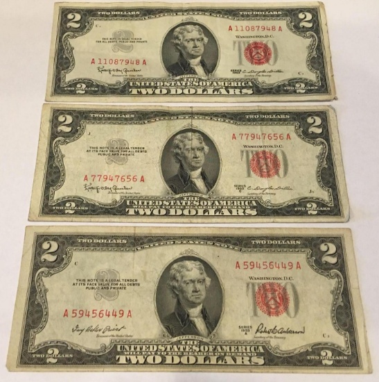 3x-1953A, 1953C and 1963 $2 Silver Certificates