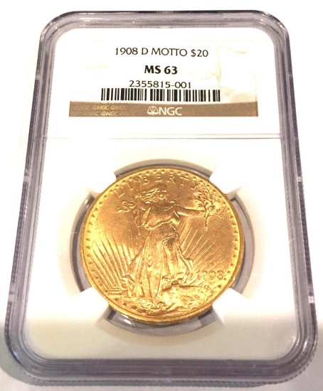 GOLD 1908-D Saint Gaudens Gold $20 Double Eagle With Motto-GRADED BY NGC MS 63 Exceptional Coin