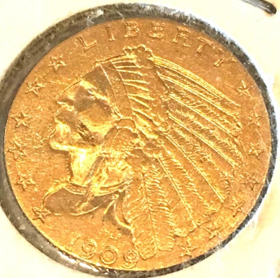 GOLD 1909 Indian Head $2.50 Gold Coin Marked XF