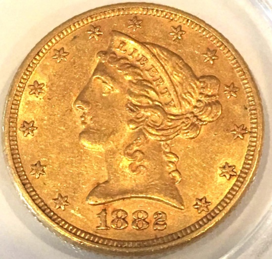 GOLD 1882 Liberty Head $5 Gold Coin Marked MS