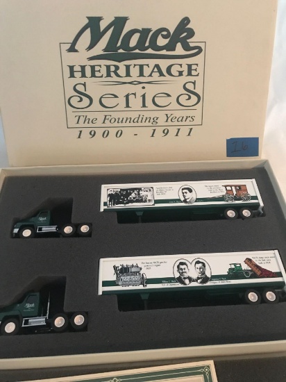 Mack heritage series 1900 to 1911 Semi Trucks & Trailers (2) in box. With certificate of