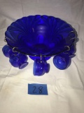 Small blue glass punch bowl with six glasses